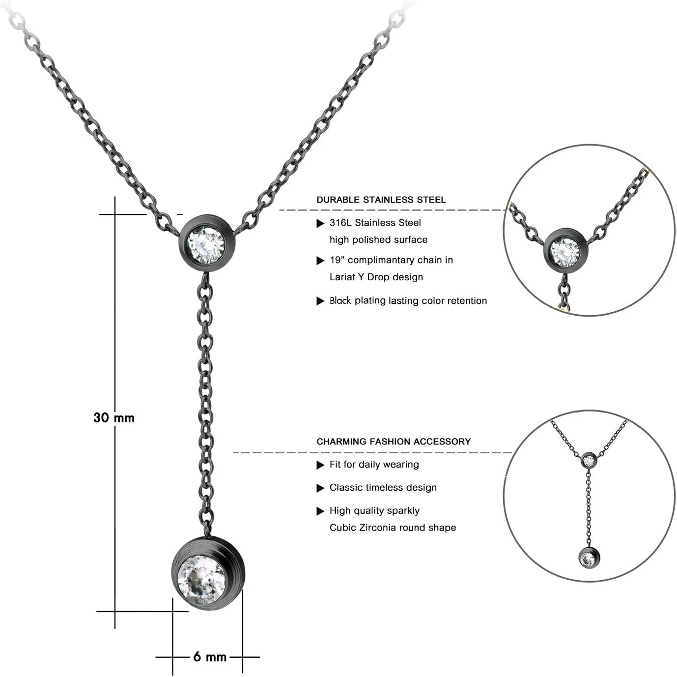 555Jewelry Womens Stainless Steel Lariat Y Drop Layer Round CZ Pendant Necklace