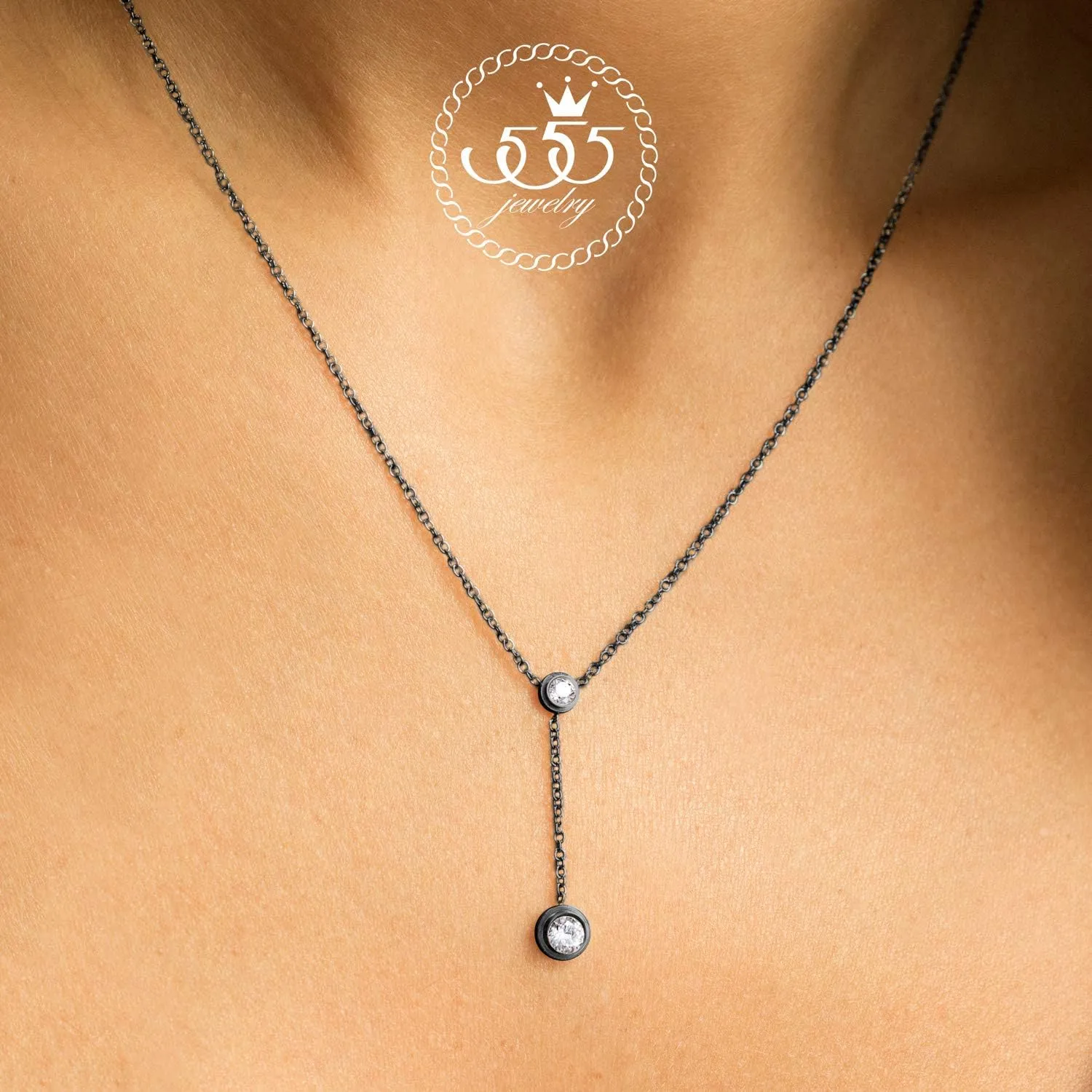 555Jewelry Womens Stainless Steel Lariat Y Drop Layer Round CZ Pendant Necklace