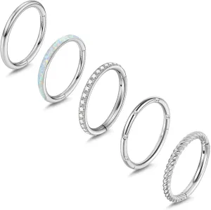 5Pcs 16G Surgical Steel Nose Rings Hoop for Women Opal CZ Clicker Hinged Septum Nose Ring Lip Helix Cartilage Hoop Earring Tragus Daith Rook Conch Piercing Jewelry for Women 8mm/10mm