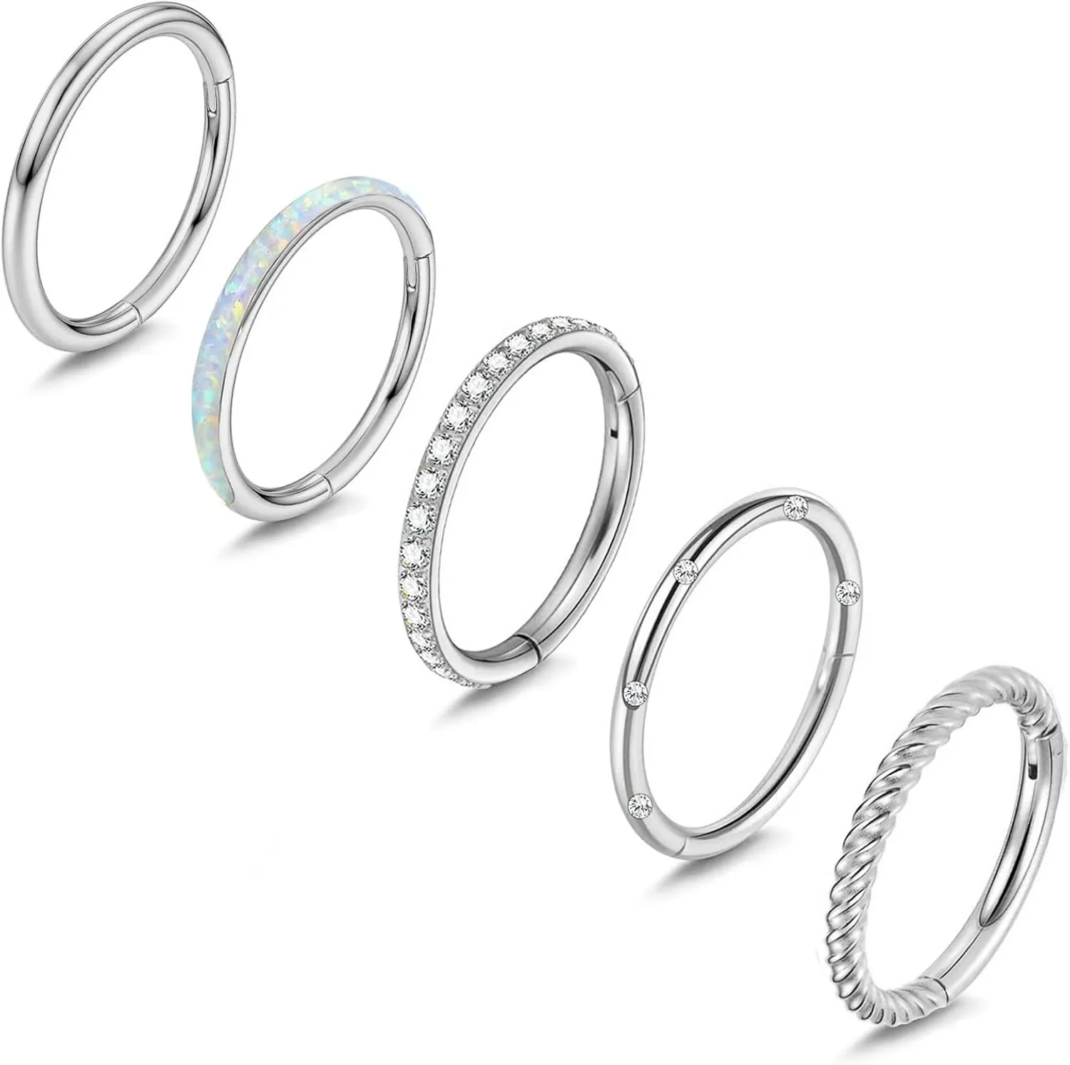 5Pcs 16G Surgical Steel Nose Rings Hoop for Women Opal CZ Clicker Hinged Septum Nose Ring Lip Helix Cartilage Hoop Earring Tragus Daith Rook Conch Piercing Jewelry for Women 8mm/10mm