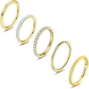 5Pcs 16G Surgical Steel Nose Rings Hoop for Women Opal CZ Clicker Hinged Septum Nose Ring Lip Helix Cartilage Hoop Earring Tragus Daith Rook Conch Piercing Jewelry for Women 8mm/10mm