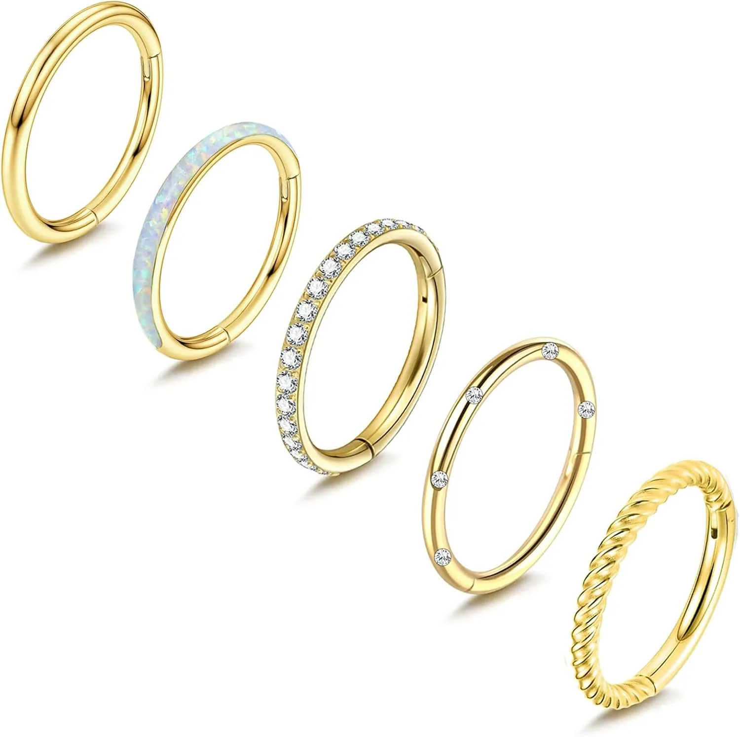 5Pcs 16G Surgical Steel Nose Rings Hoop for Women Opal CZ Clicker Hinged Septum Nose Ring Lip Helix Cartilage Hoop Earring Tragus Daith Rook Conch Piercing Jewelry for Women 8mm/10mm