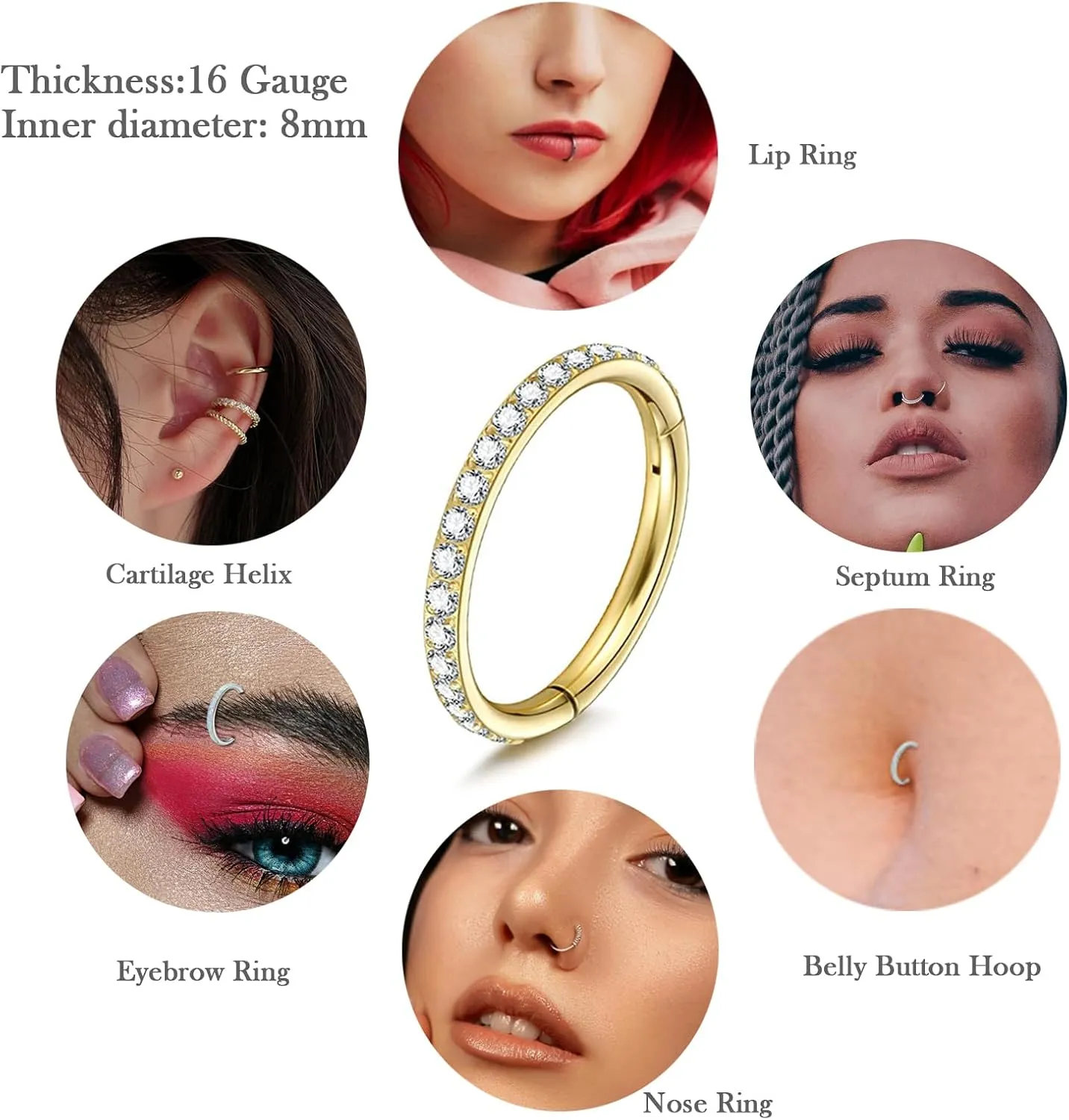 5Pcs 16G Surgical Steel Nose Rings Hoop for Women Opal CZ Clicker Hinged Septum Nose Ring Lip Helix Cartilage Hoop Earring Tragus Daith Rook Conch Piercing Jewelry for Women 8mm/10mm