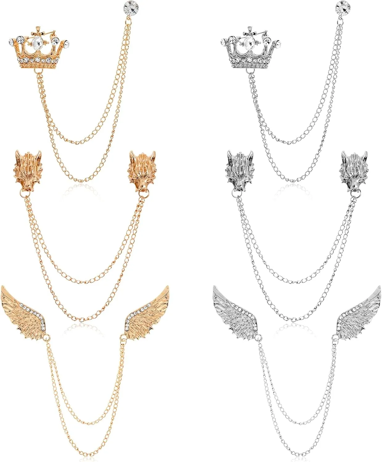 6 Pcs Tassel Collar Pins Gold Silver Elegant Wedding Chain Brooches Lapel Pins Suit Shirt Wings Wolf Head Crown Tuxedo Accessories for Wedding Anniversary Birthday Party Office