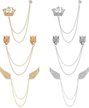 6 Pcs Tassel Collar Pins Gold Silver Elegant Wedding Chain Brooches Lapel Pins Suit Shirt Wings Wolf Head Crown Tuxedo Accessories for Wedding Anniversary Birthday Party Office