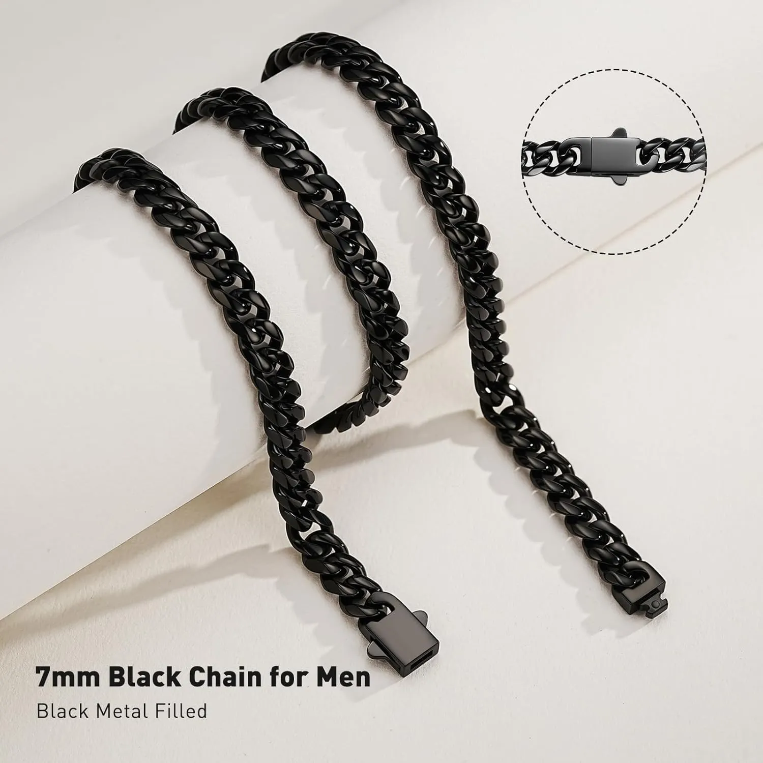 7MM Stainless Steel Mens Cuban Link Chain,Black Metal/925 Sterling Silver Plated Men Chain Necklaces Black/Silver Chain for Men Necklace
