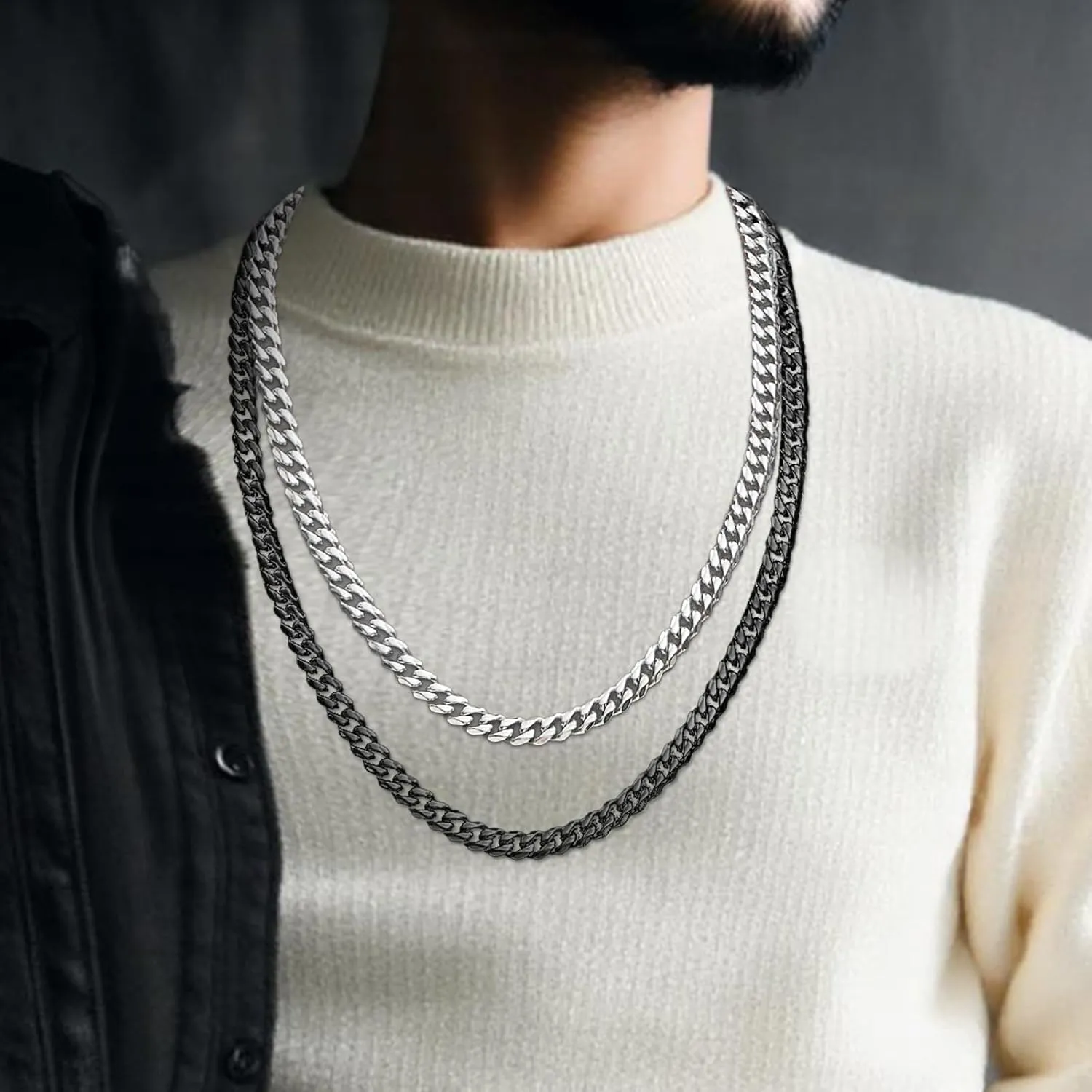 7MM Stainless Steel Mens Cuban Link Chain,Black Metal/925 Sterling Silver Plated Men Chain Necklaces Black/Silver Chain for Men Necklace