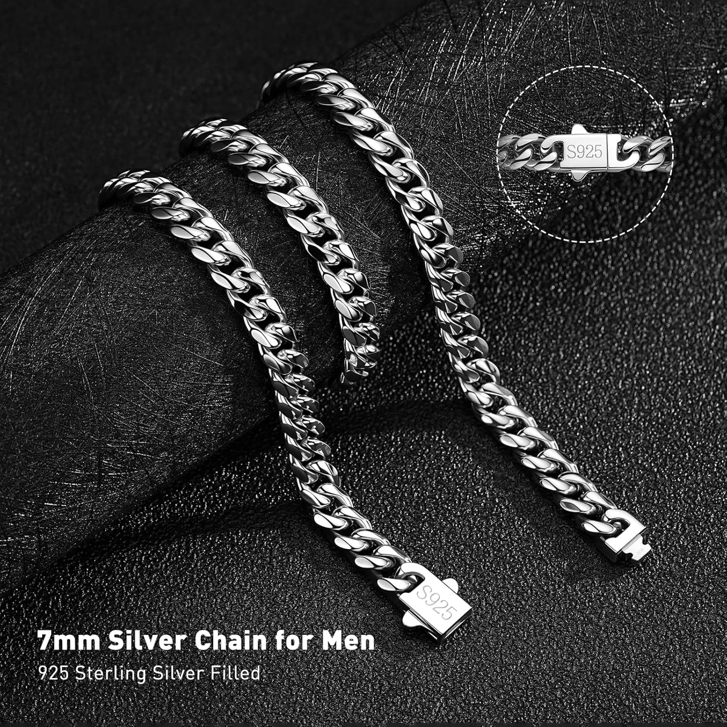 7MM Stainless Steel Mens Cuban Link Chain,Black Metal/925 Sterling Silver Plated Men Chain Necklaces Black/Silver Chain for Men Necklace