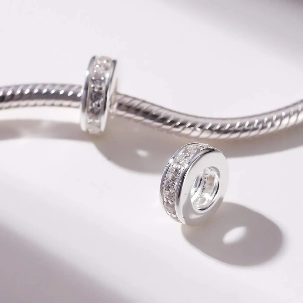 925 Sterling Silver Spacer Charm Bead with Clear CZ for Pandora Charms Bracelets