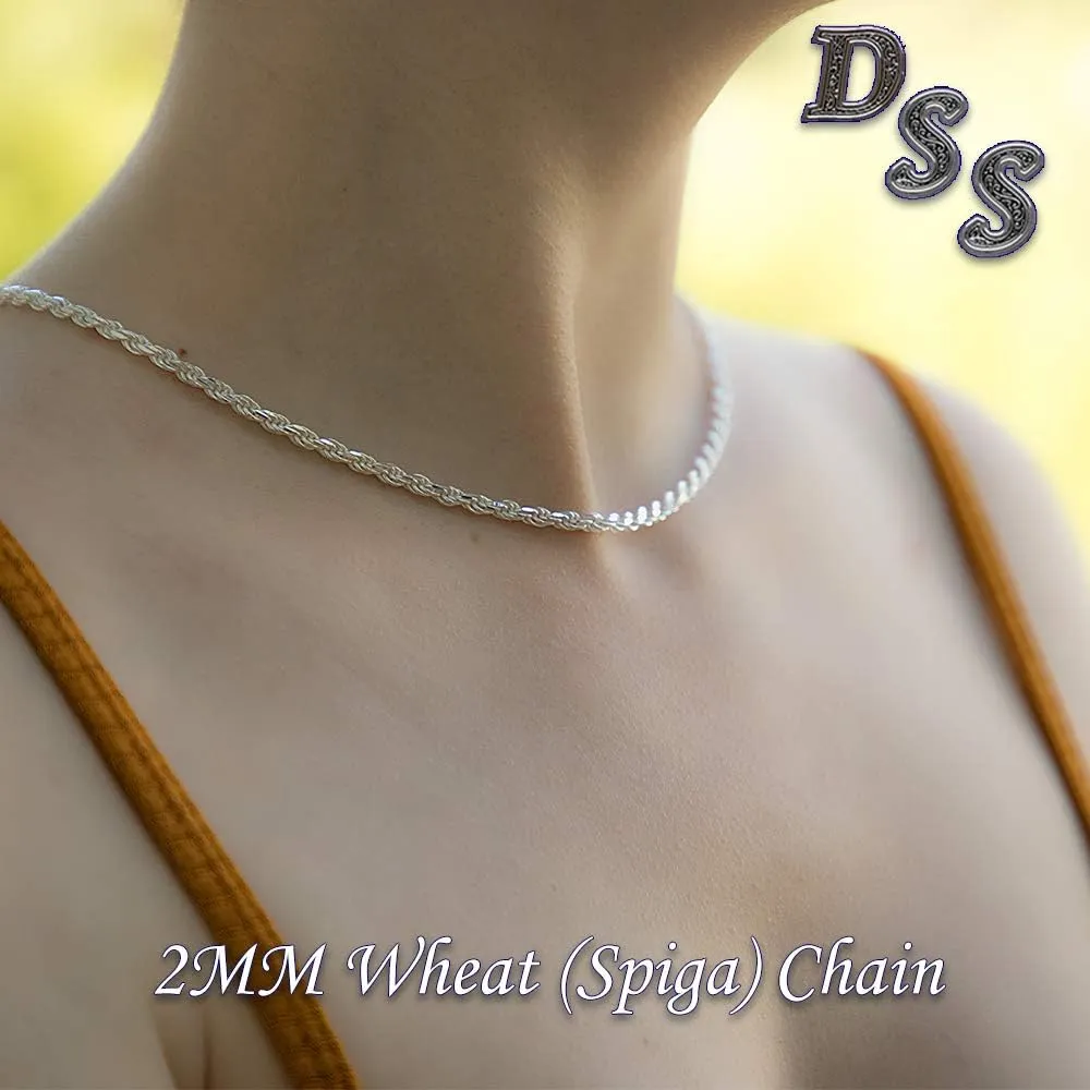 925 Sterling Silver Wheat Chain 2mm - Italian Spiga Sterling Silver Necklace Chain with Lobster Claw Clasp, Nickel Free 925 Silver Chain Necklace in lengths from 16-30 Inches
