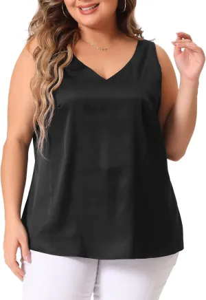 Agnes Orinda Plus Size Silk Satin Tank Tops for Women V Neck Casual Cami Sleeveless Blouses Summer Basic Tank