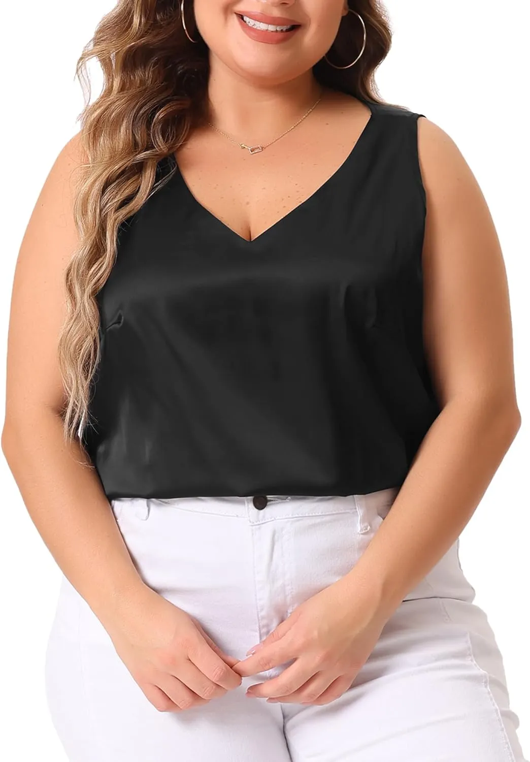 Agnes Orinda Plus Size Silk Satin Tank Tops for Women V Neck Casual Cami Sleeveless Blouses Summer Basic Tank