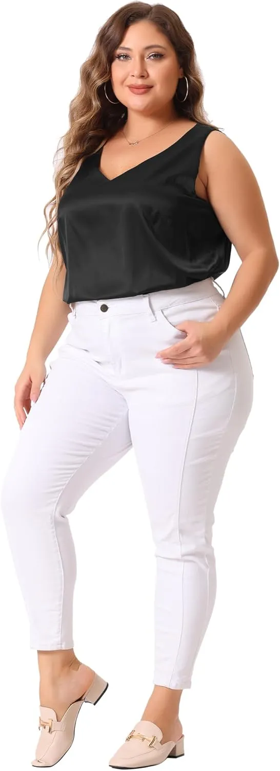 Agnes Orinda Plus Size Silk Satin Tank Tops for Women V Neck Casual Cami Sleeveless Blouses Summer Basic Tank