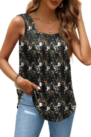 AGSEEM Summer Tank Tops for Women Loose Fit Pleated Square Neck Sleeveless Tops Curved Hem Flowy