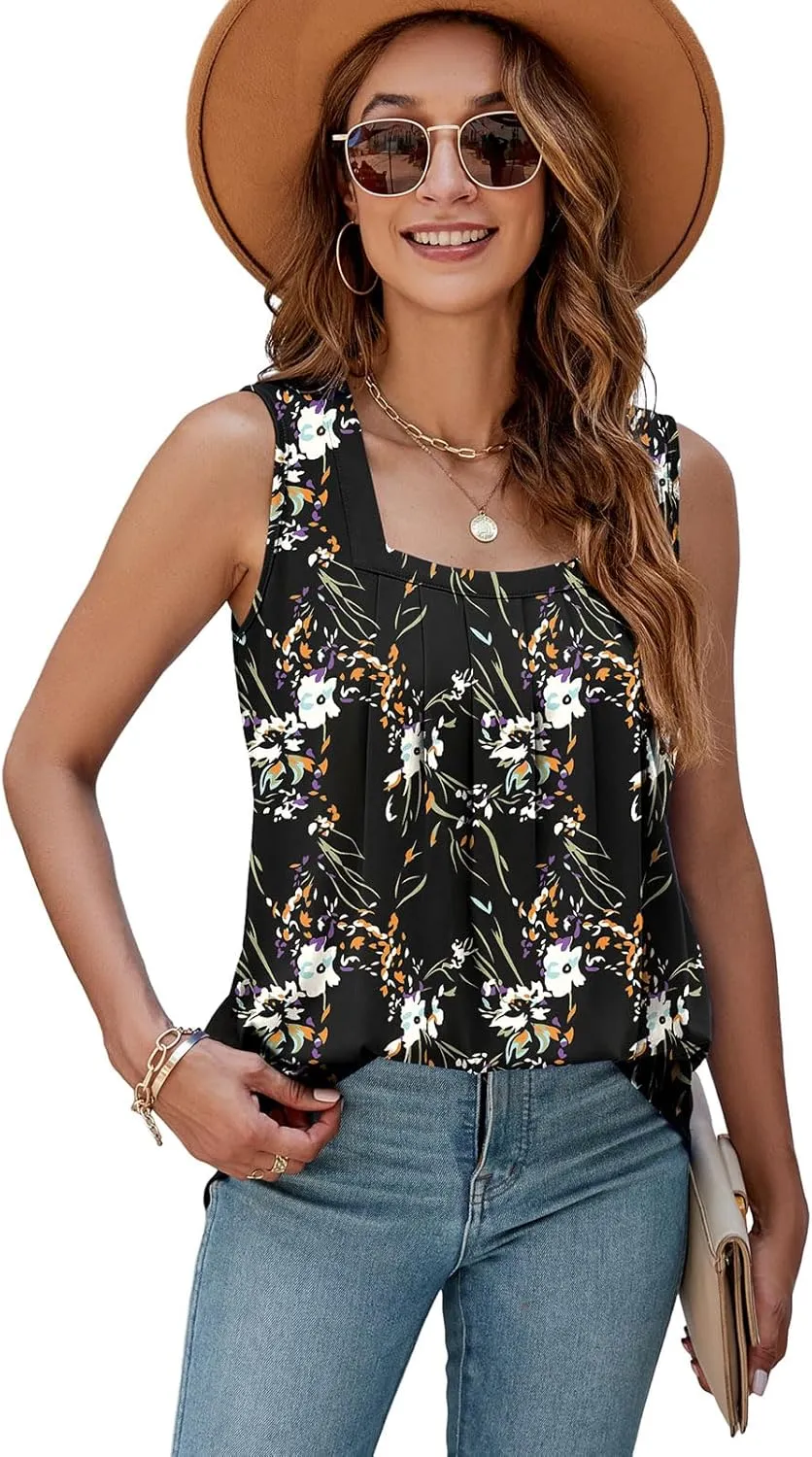 AGSEEM Summer Tank Tops for Women Loose Fit Pleated Square Neck Sleeveless Tops Curved Hem Flowy