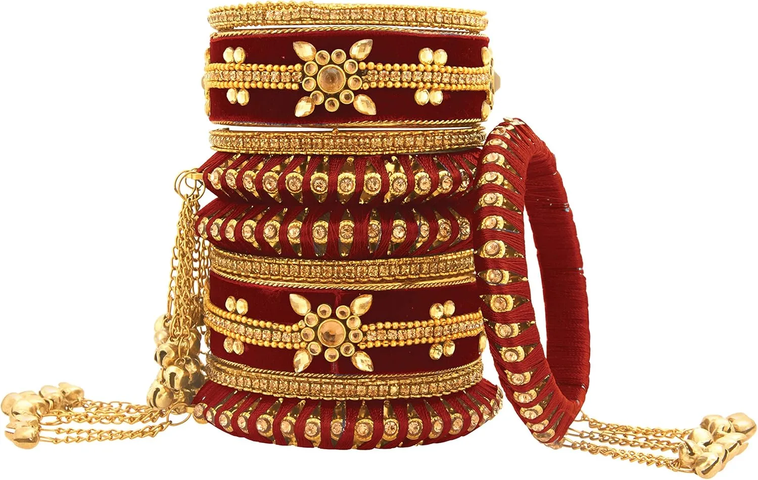 Aheli Indian Traditional Cluster Bells Hanging Valvet Wedding Bangles Chuda Set Fashion Jewelry Gift for Women