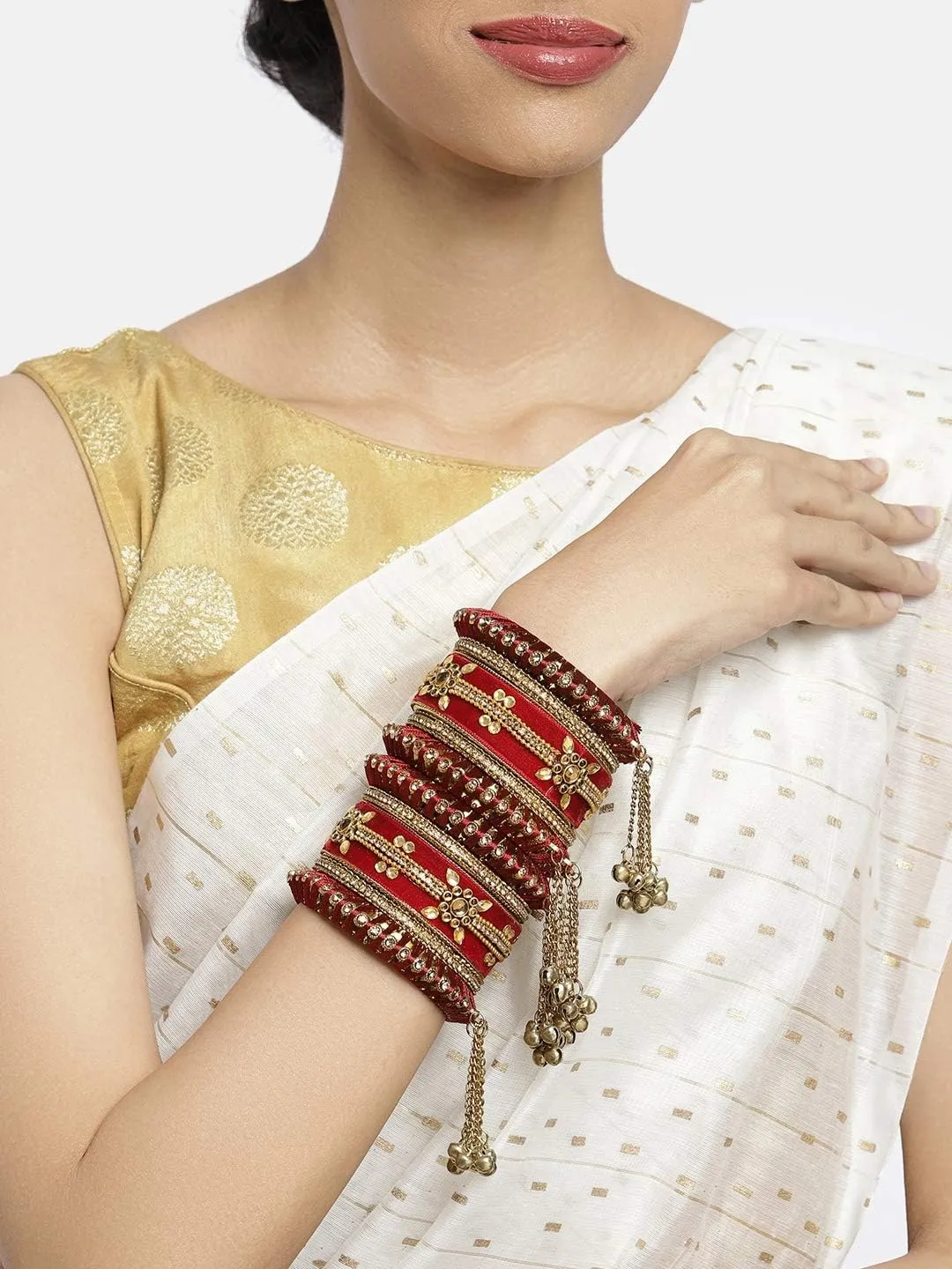 Aheli Indian Traditional Cluster Bells Hanging Valvet Wedding Bangles Chuda Set Fashion Jewelry Gift for Women