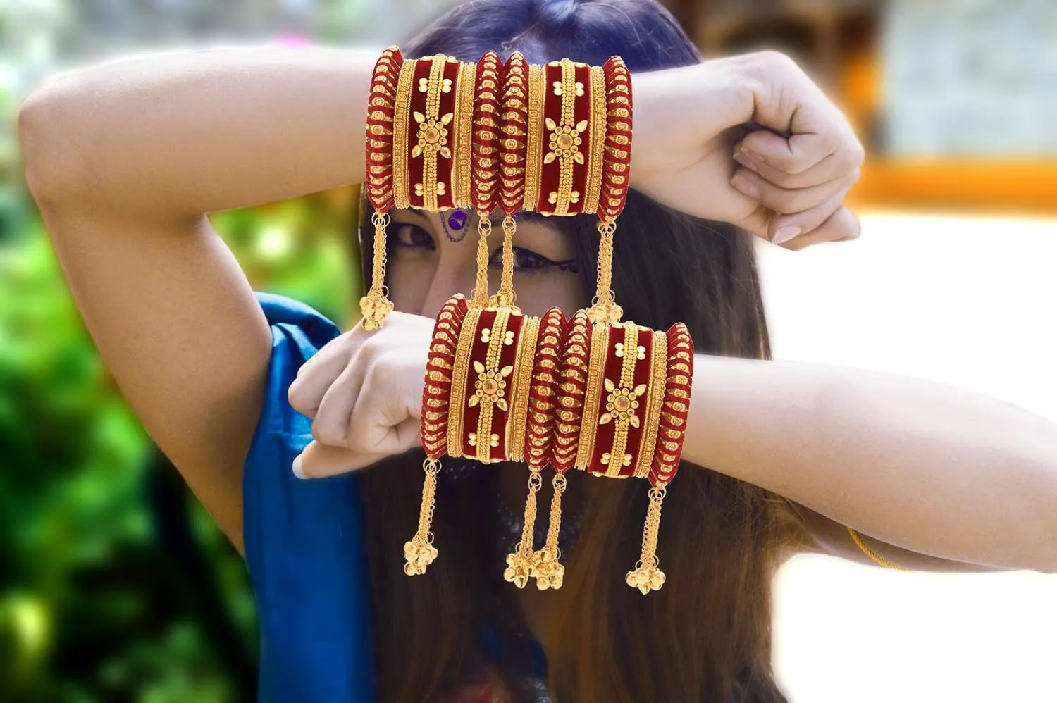 Aheli Indian Traditional Cluster Bells Hanging Valvet Wedding Bangles Chuda Set Fashion Jewelry Gift for Women