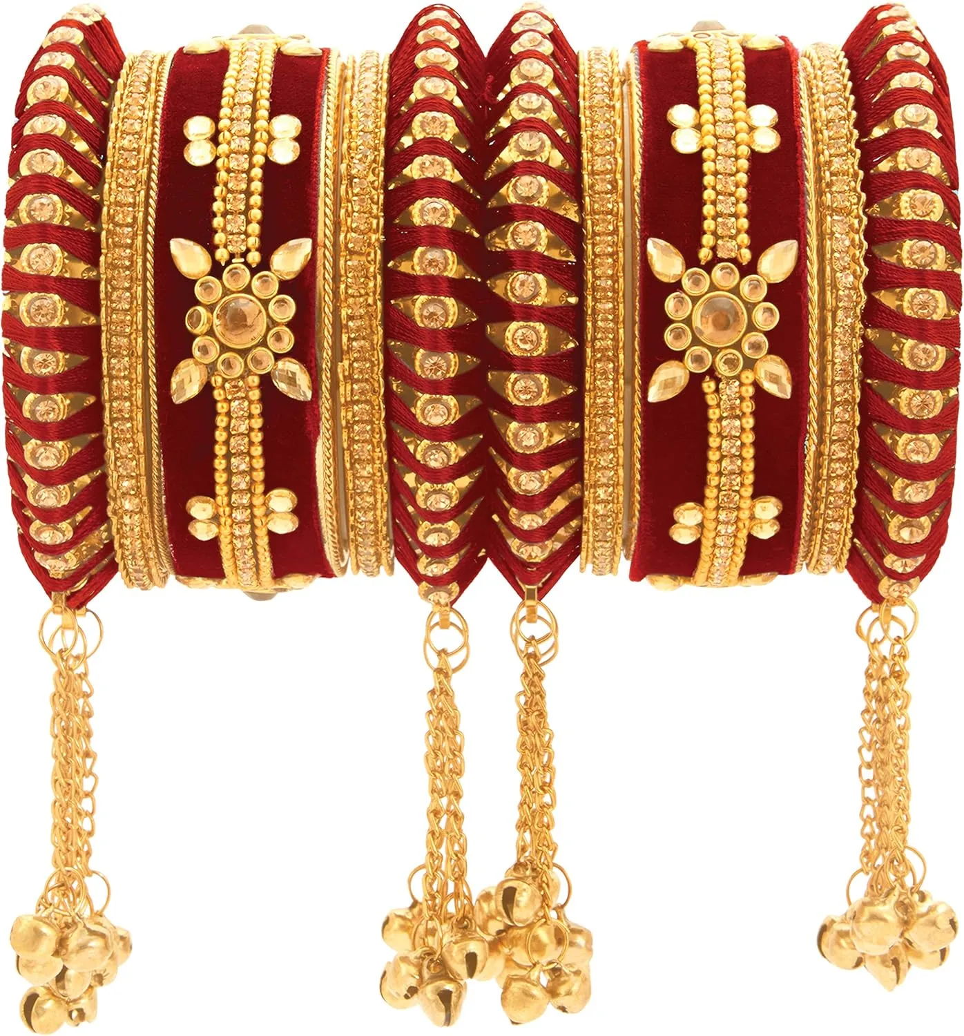 Aheli Indian Traditional Cluster Bells Hanging Valvet Wedding Bangles Chuda Set Fashion Jewelry Gift for Women
