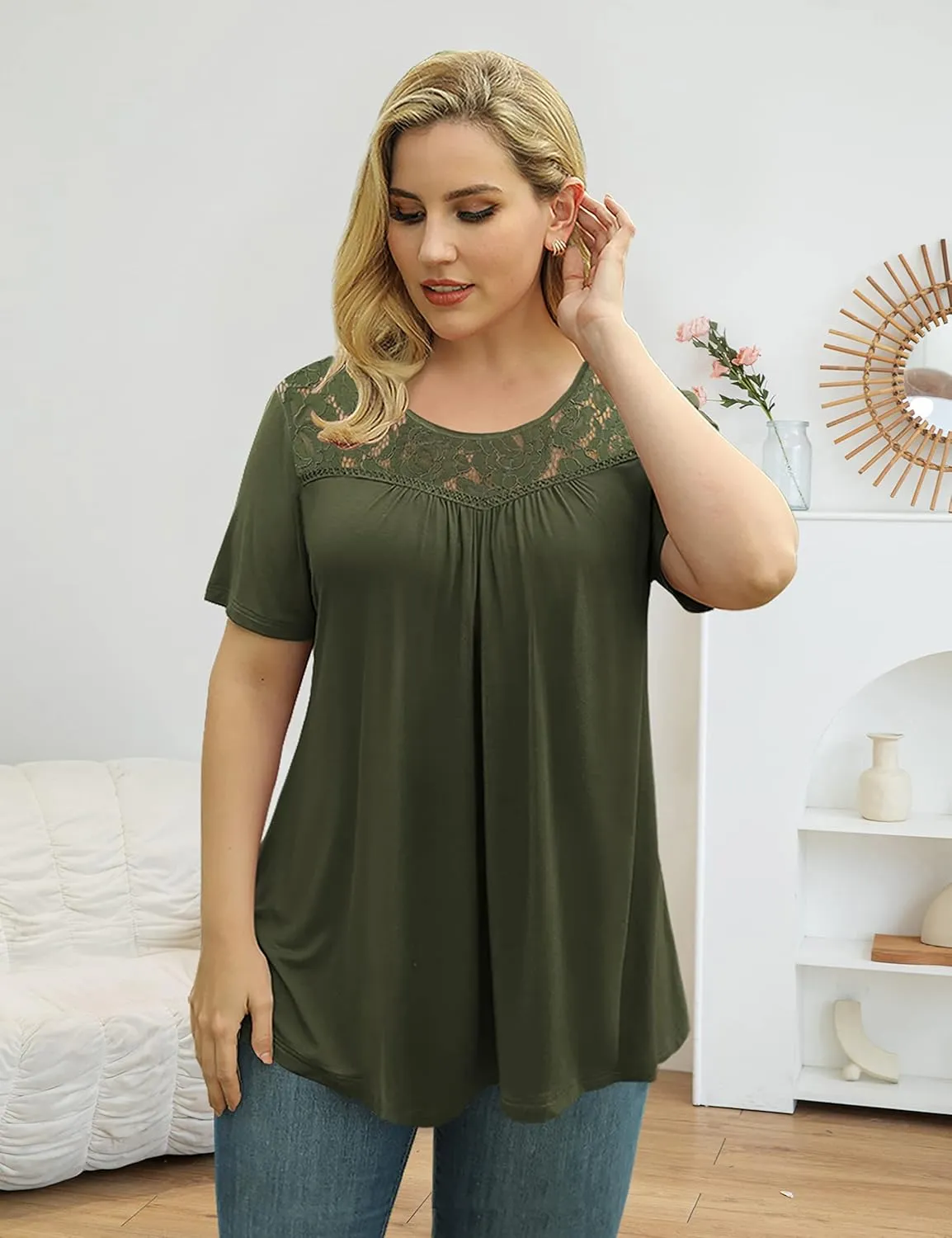 Ahlaray Women's Plus Size Summer Tops Short Sleeve Shirts Lace Pleated Tunic Tops Blouses M-4XL