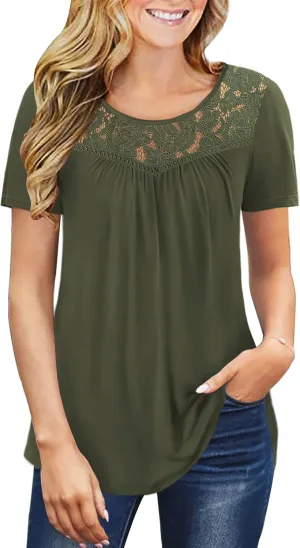 Ahlaray Women's Plus Size Summer Tops Short Sleeve Shirts Lace Pleated Tunic Tops Blouses M-4XL