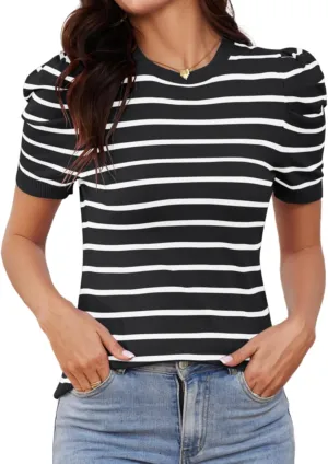 AKEWEI Puff Short Sleeve Sweater for Women Tops Trendy Spring Summer 2025 Business Casual Outfits Knit Crewneck Shirt Blouses