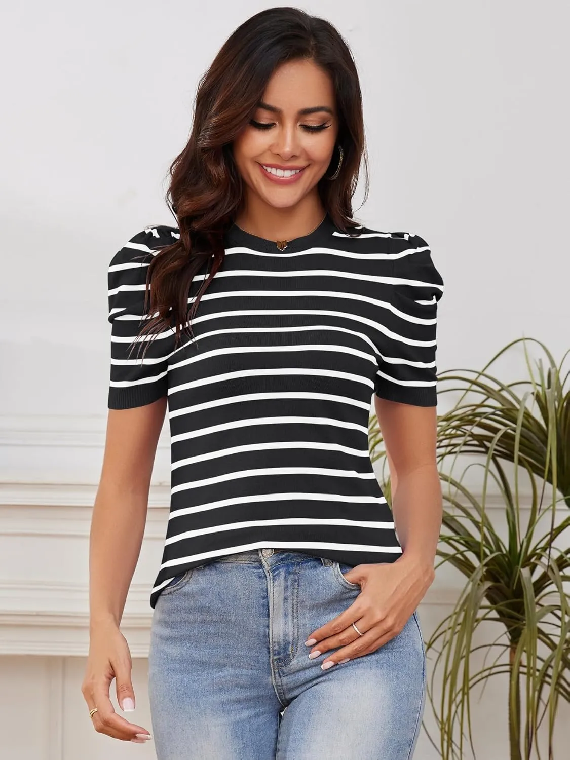 AKEWEI Puff Short Sleeve Sweater for Women Tops Trendy Spring Summer 2025 Business Casual Outfits Knit Crewneck Shirt Blouses