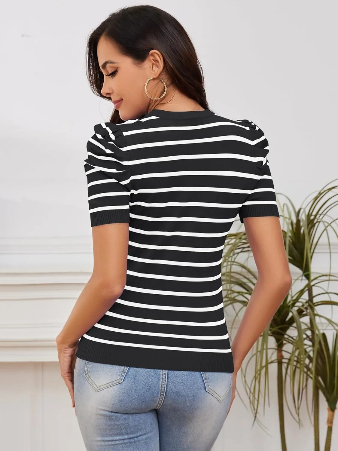 AKEWEI Puff Short Sleeve Sweater for Women Tops Trendy Spring Summer 2025 Business Casual Outfits Knit Crewneck Shirt Blouses