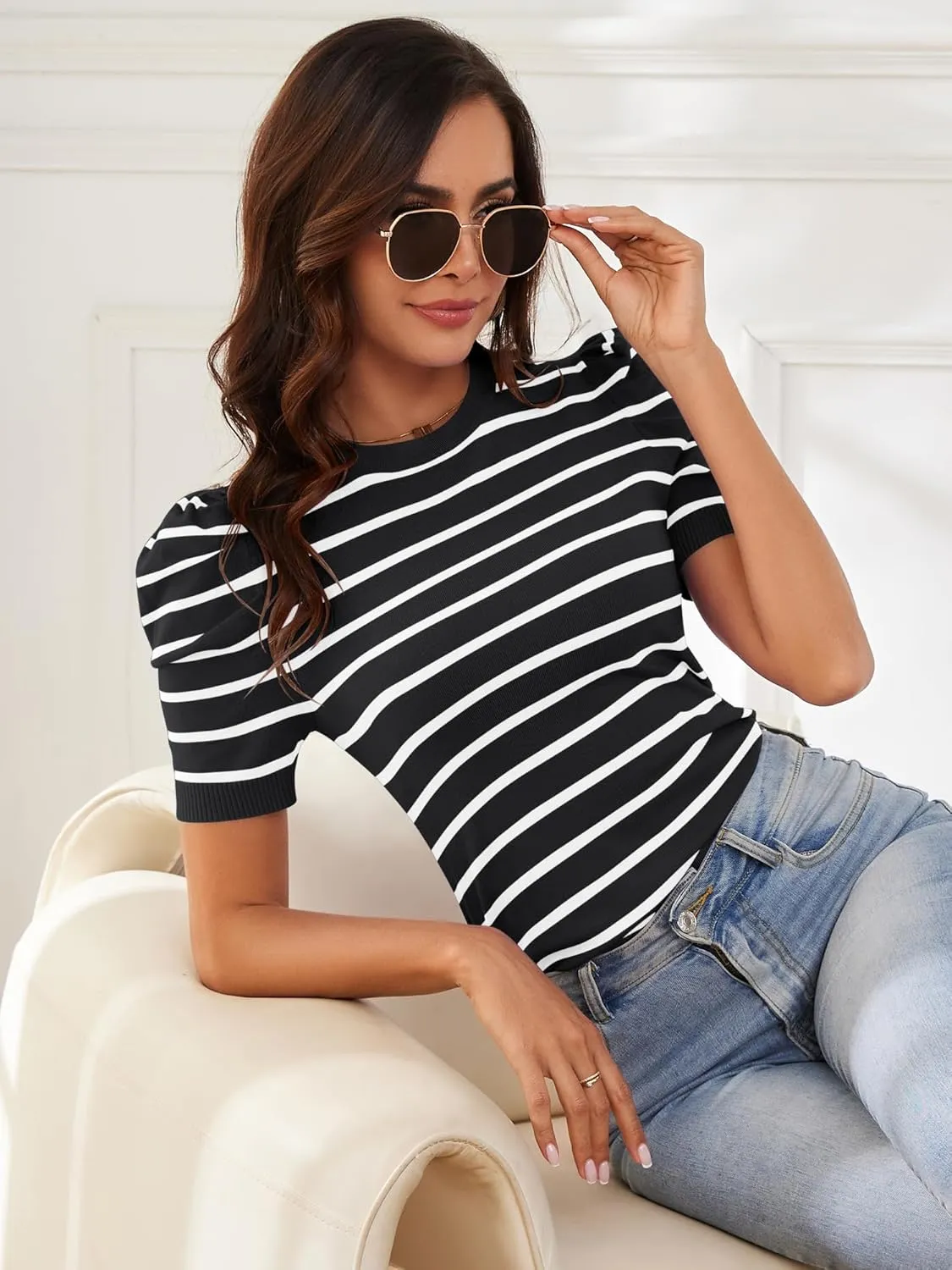 AKEWEI Puff Short Sleeve Sweater for Women Tops Trendy Spring Summer 2025 Business Casual Outfits Knit Crewneck Shirt Blouses