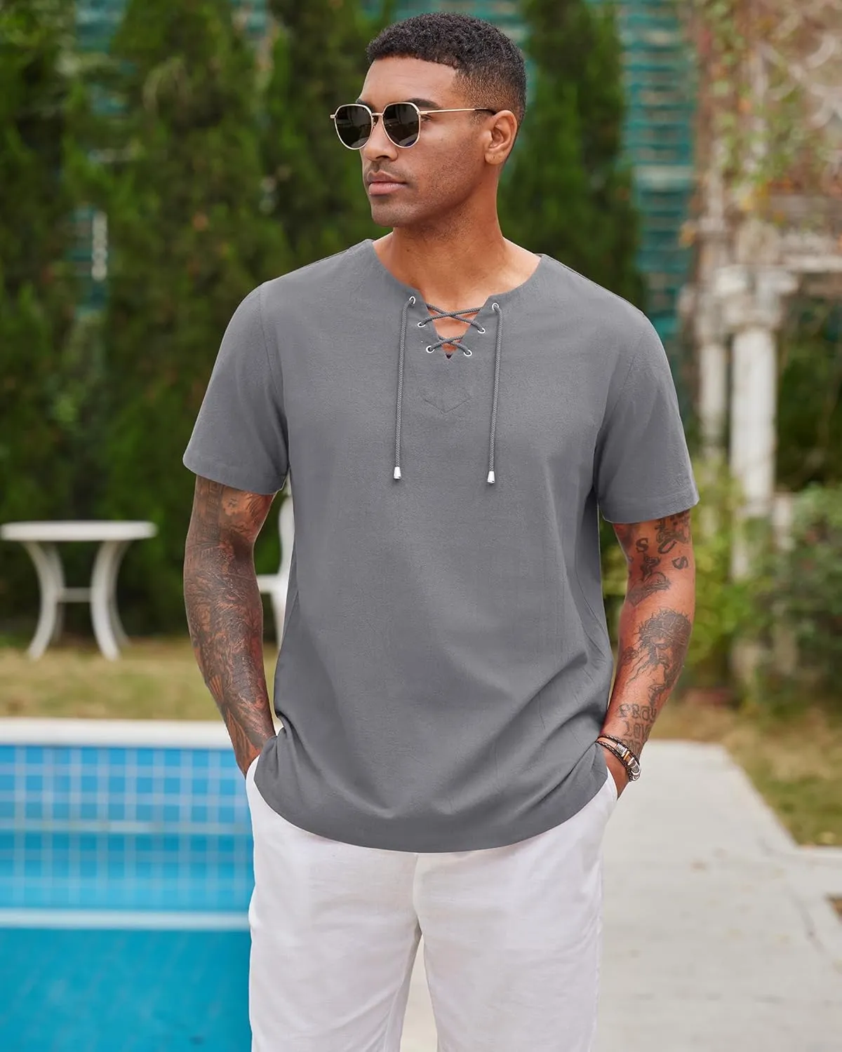 Alimens & Gentle Mens Cotton Linen Shirts Short Sleeve Casual Hippie Summer Shirts Beach Lace Up Hawaiian Camp Shirt