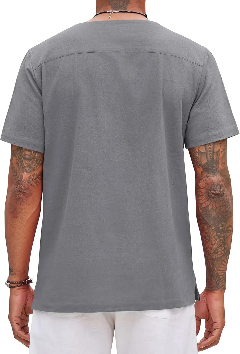 Alimens & Gentle Mens Cotton Linen Shirts Short Sleeve Casual Hippie Summer Shirts Beach Lace Up Hawaiian Camp Shirt