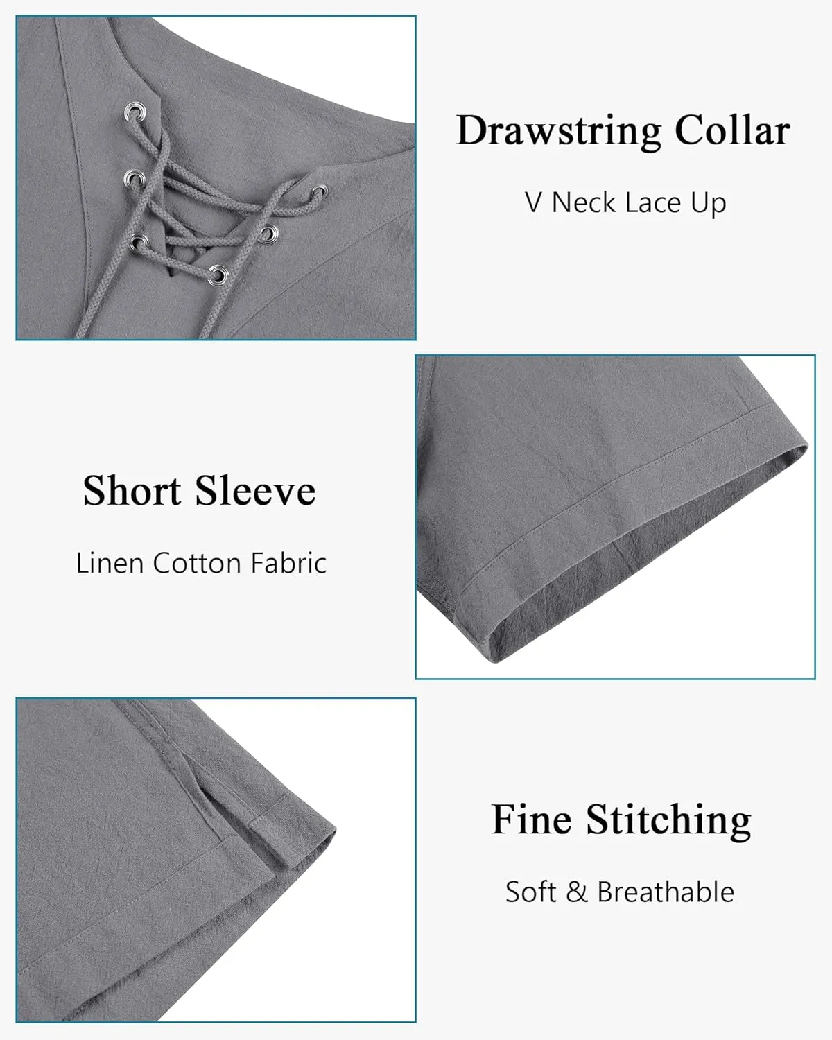 Alimens & Gentle Mens Cotton Linen Shirts Short Sleeve Casual Hippie Summer Shirts Beach Lace Up Hawaiian Camp Shirt