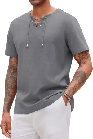 Alimens & Gentle Mens Cotton Linen Shirts Short Sleeve Casual Hippie Summer Shirts Beach Lace Up Hawaiian Camp Shirt