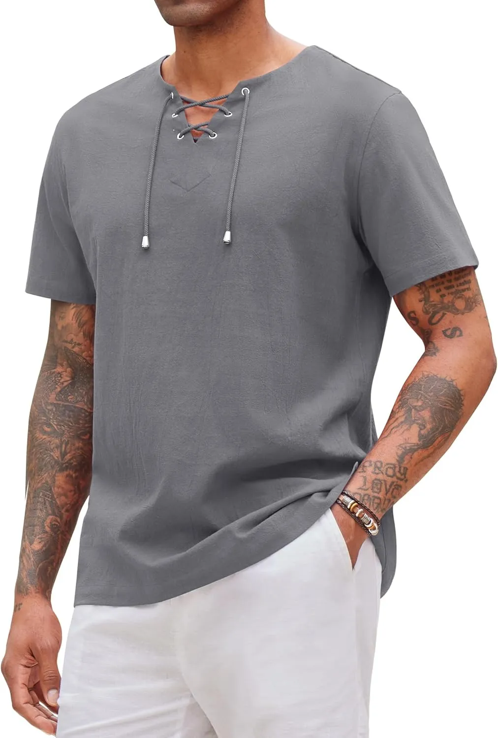 Alimens & Gentle Mens Cotton Linen Shirts Short Sleeve Casual Hippie Summer Shirts Beach Lace Up Hawaiian Camp Shirt