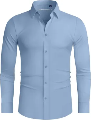 Alimens & Gentle Stretch Mens Dress Shirts Slim Fit Long Sleeve Casual Skinny Muscle Fit Wrinkle Free Button Down Shirt