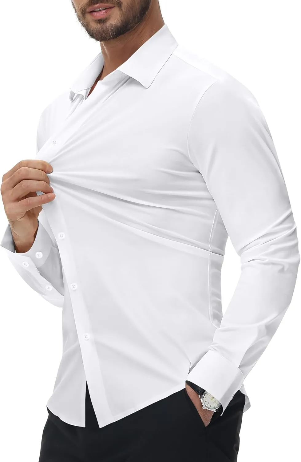 Alimens & Gentle Stretch Mens Dress Shirts Slim Fit Long Sleeve Casual Skinny Muscle Fit Wrinkle Free Button Down Shirt