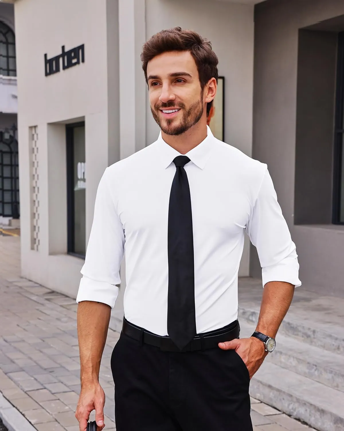 Alimens & Gentle Stretch Mens Dress Shirts Slim Fit Long Sleeve Casual Skinny Muscle Fit Wrinkle Free Button Down Shirt