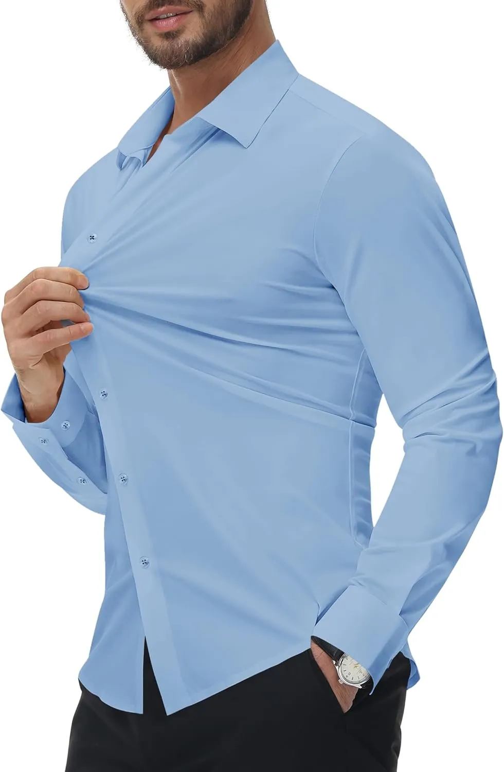 Alimens & Gentle Stretch Mens Dress Shirts Slim Fit Long Sleeve Casual Skinny Muscle Fit Wrinkle Free Button Down Shirt