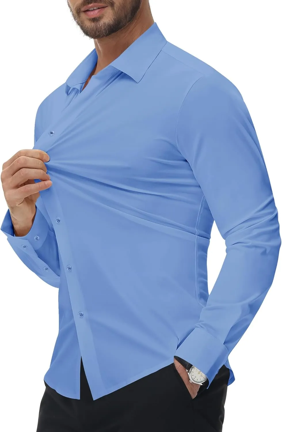 Alimens & Gentle Stretch Mens Dress Shirts Slim Fit Long Sleeve Casual Skinny Muscle Fit Wrinkle Free Button Down Shirt