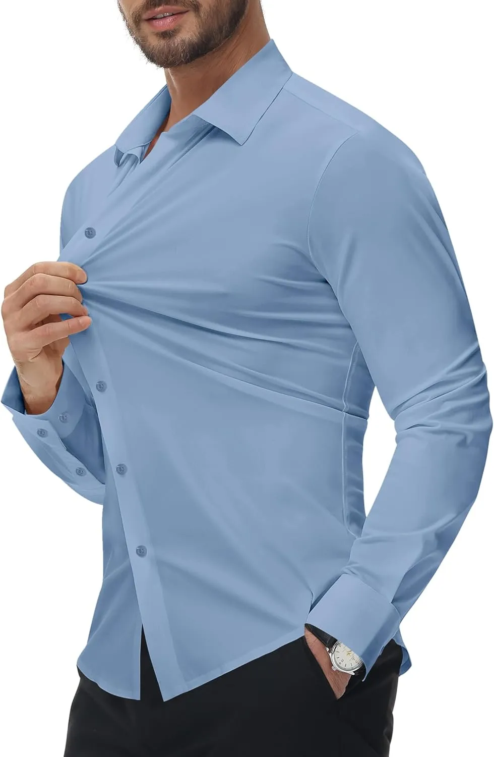 Alimens & Gentle Stretch Mens Dress Shirts Slim Fit Long Sleeve Casual Skinny Muscle Fit Wrinkle Free Button Down Shirt