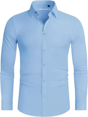 Alimens & Gentle Stretch Mens Dress Shirts Slim Fit Long Sleeve Casual Skinny Muscle Fit Wrinkle Free Button Down Shirt