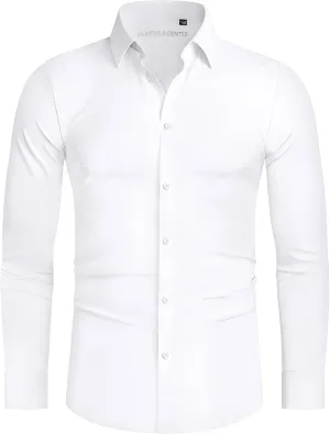 Alimens & Gentle Stretch Mens Dress Shirts Slim Fit Long Sleeve Casual Skinny Muscle Fit Wrinkle Free Button Down Shirt