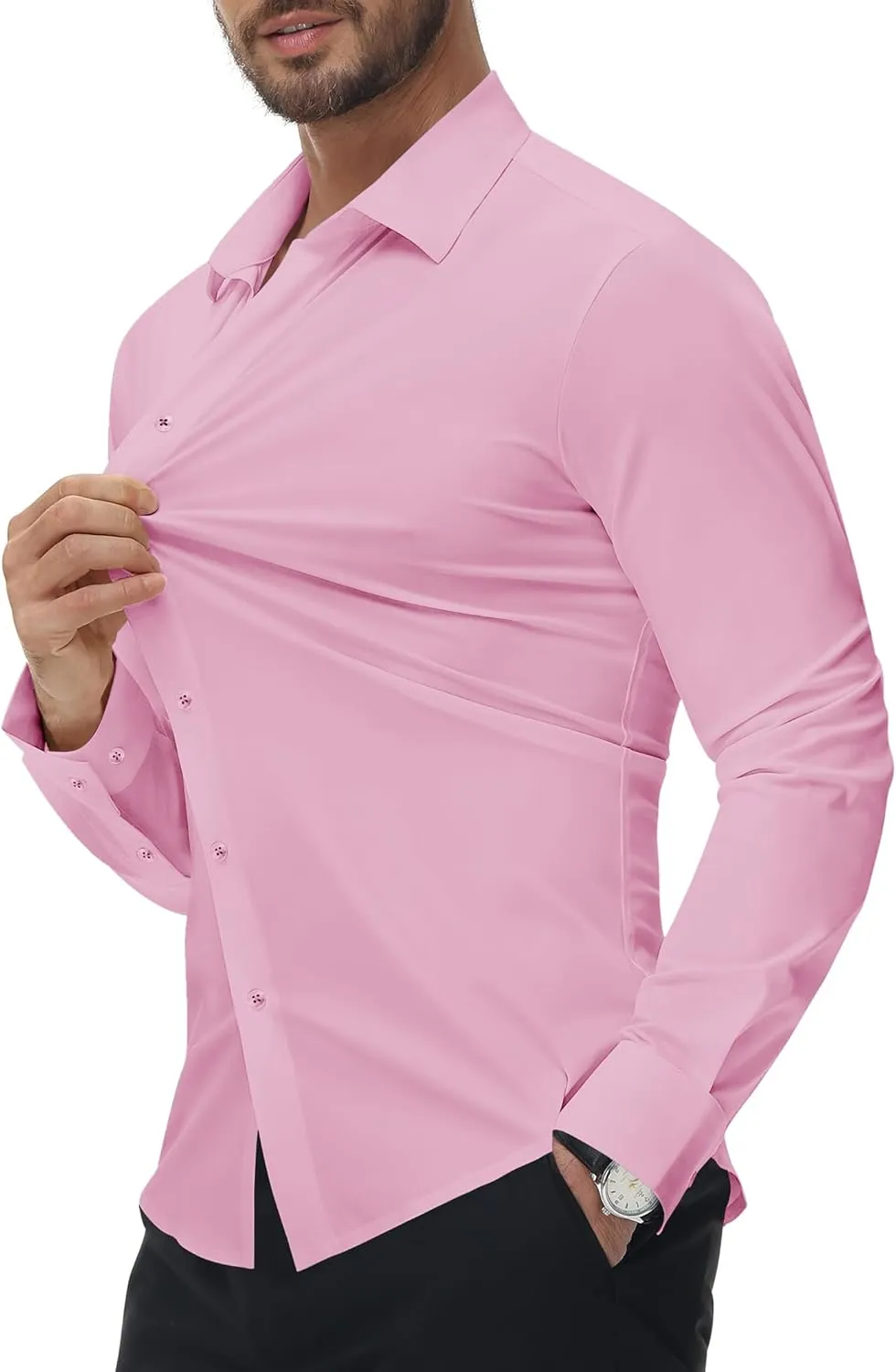 Alimens & Gentle Stretch Mens Dress Shirts Slim Fit Long Sleeve Casual Skinny Muscle Fit Wrinkle Free Button Down Shirt