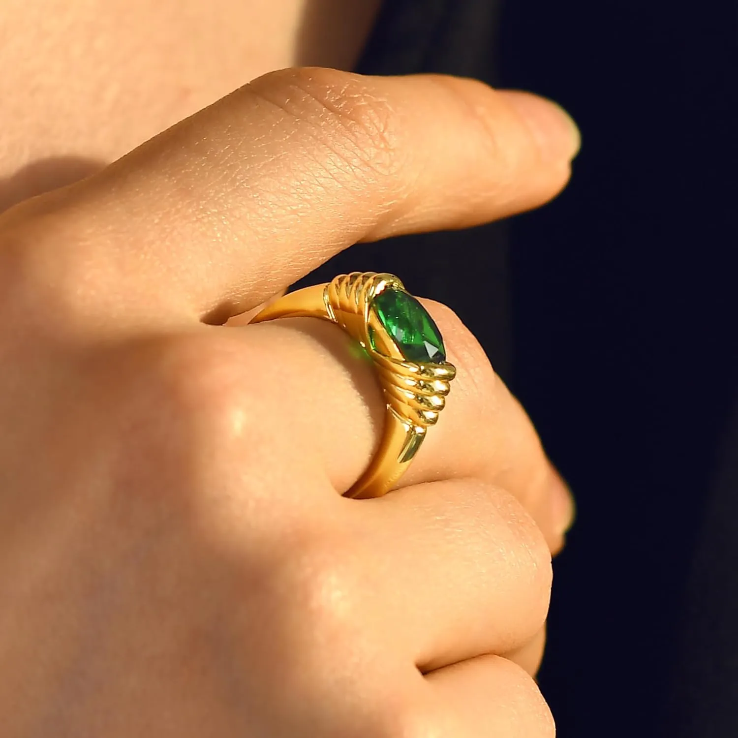 AllenCOCO Gold Ring for Women Trendy Gemstone Chunky Ring 18k Gold Plated Band Ring Signet Statement Ring
