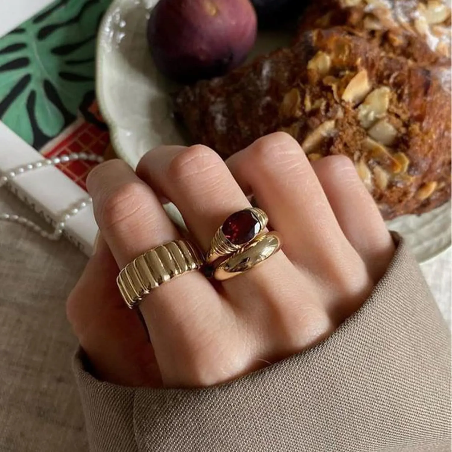 AllenCOCO Gold Ring for Women Trendy Gemstone Chunky Ring 18k Gold Plated Band Ring Signet Statement Ring