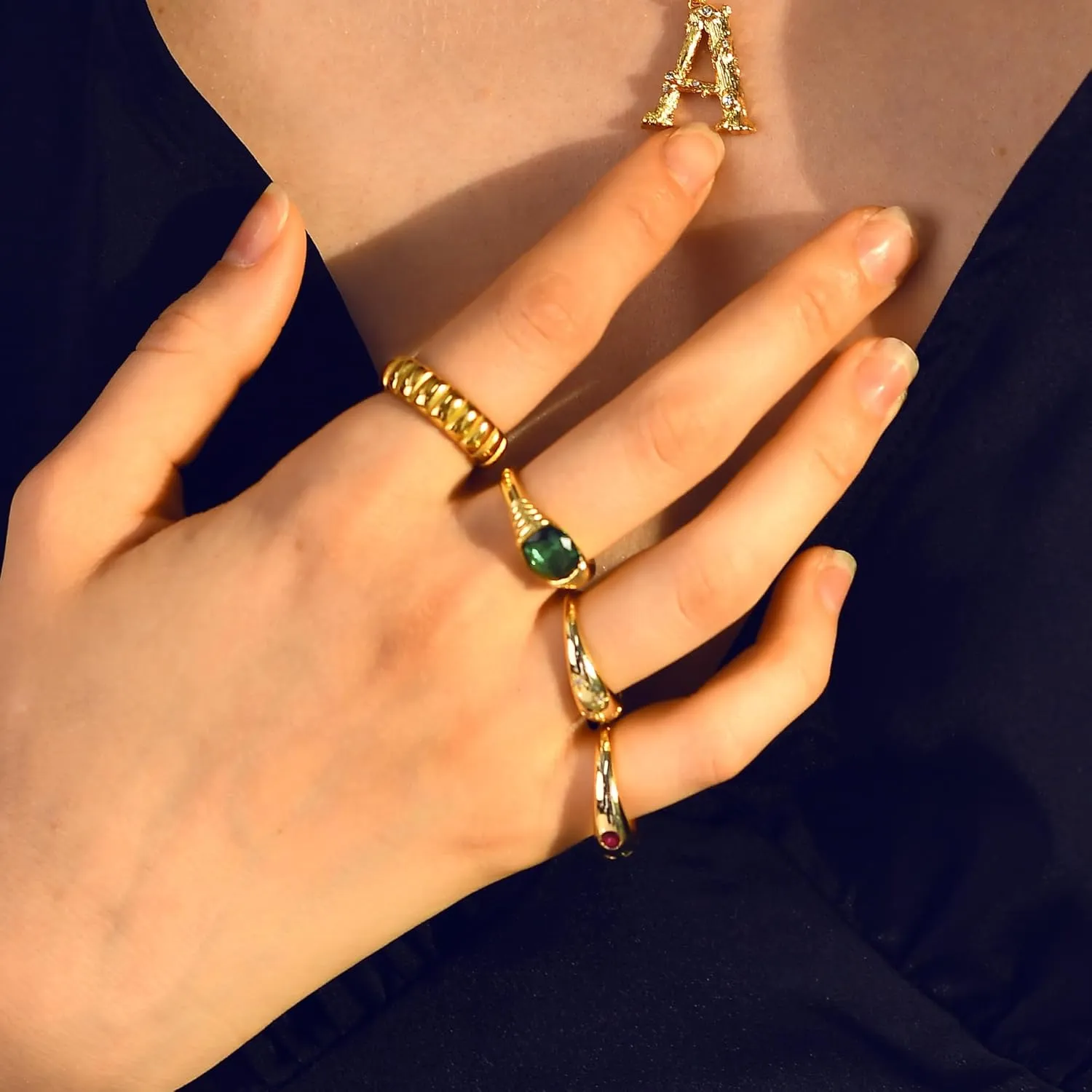 AllenCOCO Gold Ring for Women Trendy Gemstone Chunky Ring 18k Gold Plated Band Ring Signet Statement Ring