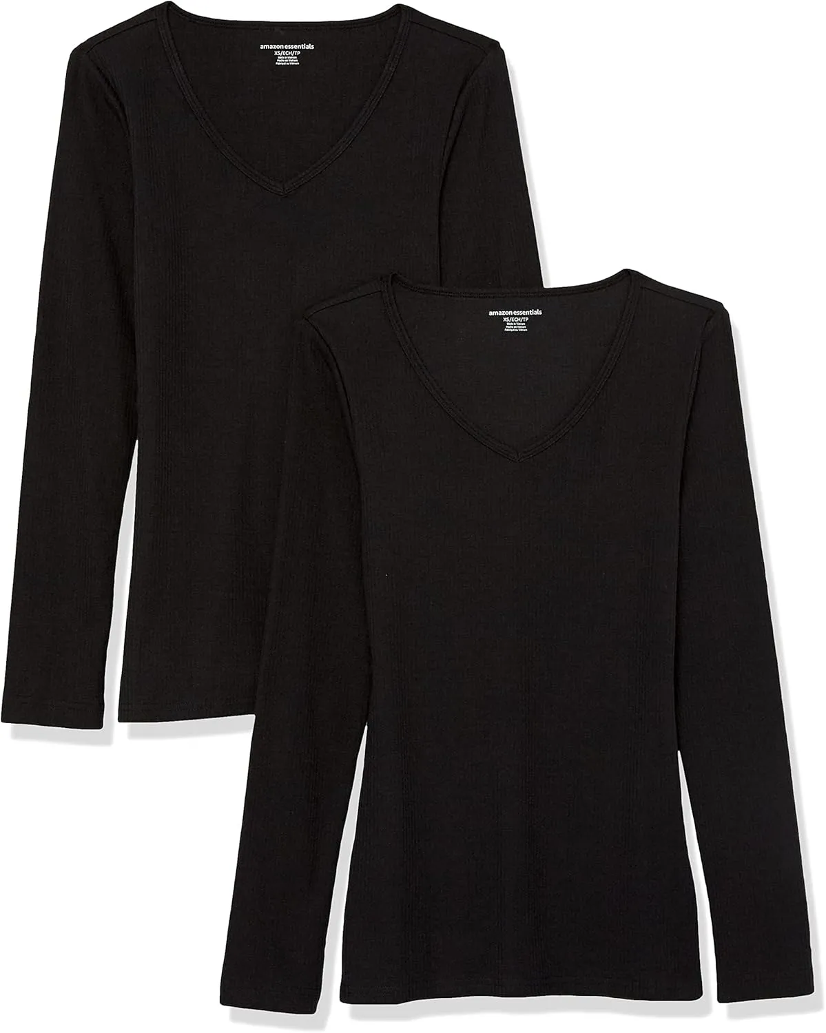 Amazon Essentials Women's Fitted Long Sleeve Shirt, Slim-Fit - Layering Knit Rib V-Neck, Pack of 2