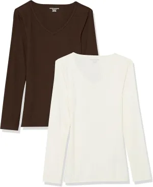 Amazon Essentials Women's Fitted Long Sleeve Shirt, Slim-Fit - Layering Knit Rib V-Neck, Pack of 2