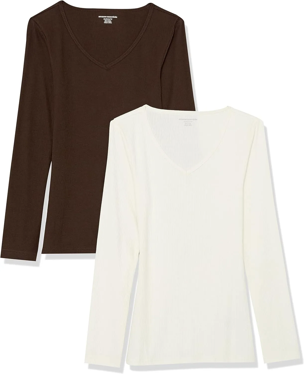 Amazon Essentials Women's Fitted Long Sleeve Shirt, Slim-Fit - Layering Knit Rib V-Neck, Pack of 2