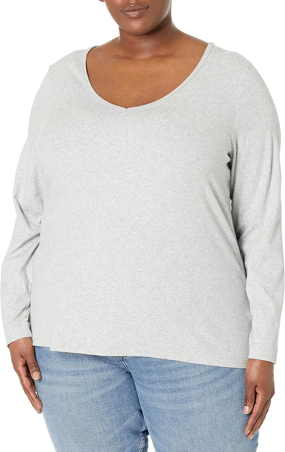 Amazon Essentials Women's Fitted Long Sleeve Shirt, Slim-Fit - Layering Knit Rib V-Neck, Pack of 2